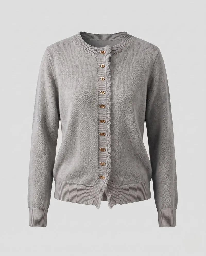 Damen Flauschiger Feinstrick-Cardigan mit dekorativer Knopfleiste und Fransenblende Nord Taschen