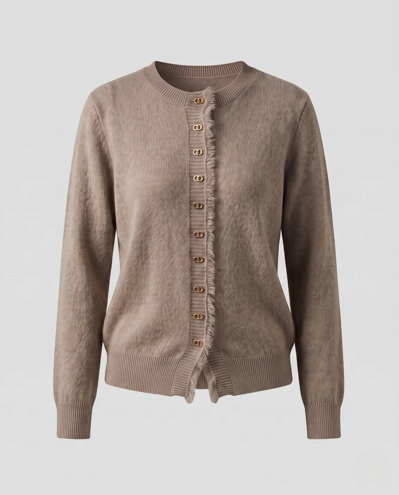 Damen Flauschiger Feinstrick-Cardigan mit dekorativer Knopfleiste und Fransenblende Nord Taschen