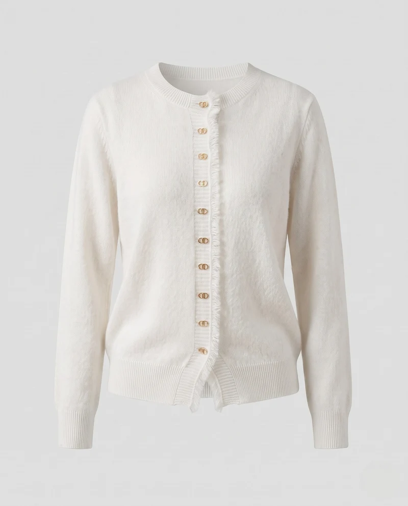 Damen Flauschiger Feinstrick-Cardigan mit dekorativer Knopfleiste und Fransenblende Nord Taschen