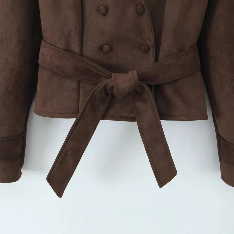 Damen Kurze Taillierte Velours‑Suede‑Jacke mit Bindegürtel und Reverskragen Nord Taschen
