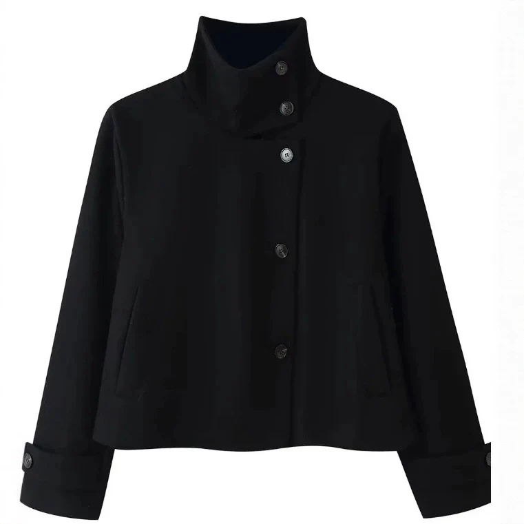 Damen Kurzjacke im Boxy‑Cut mit hohem Stehkragen und Hornknöpfen Nord Taschen