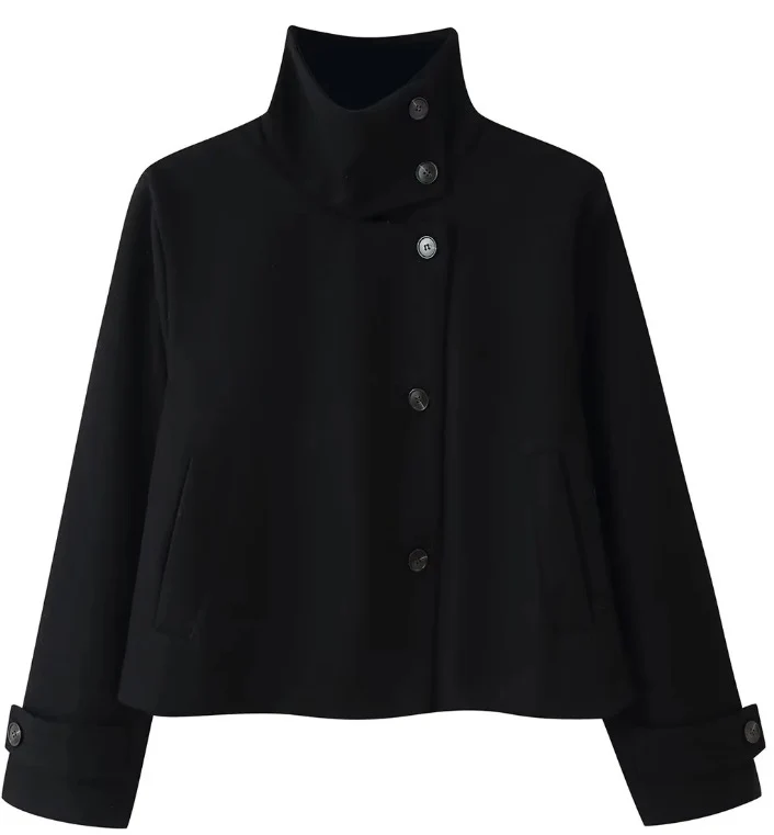 Damen Kurzjacke im Boxy‑Cut mit hohem Stehkragen und Hornknöpfen Nord Taschen