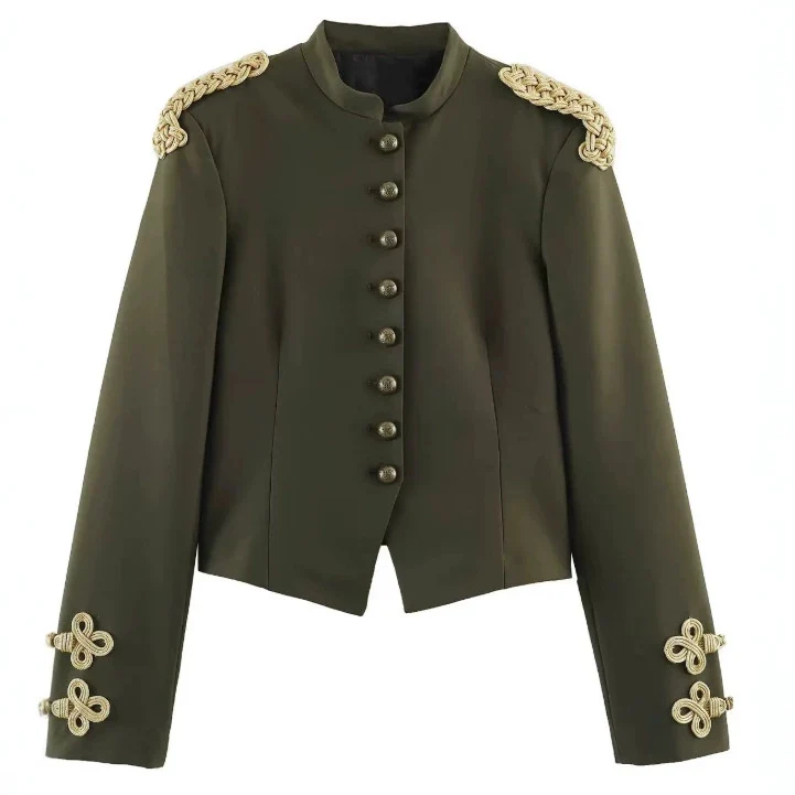 Damen Kurzjacke im Militärlook mit Stehkragen, goldenen Epauletten und dekorativen Zierknöpfen Nord Taschen