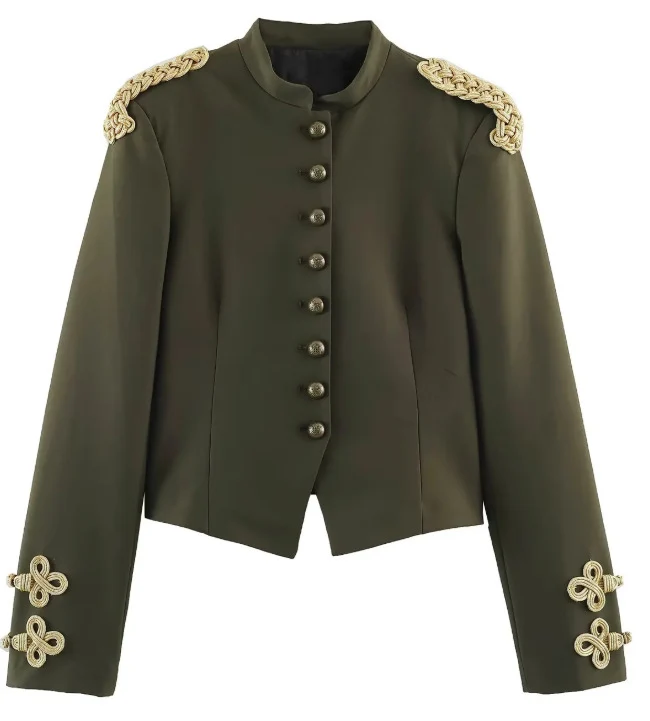 Damen Kurzjacke im Militärlook mit Stehkragen, goldenen Epauletten und dekorativen Zierknöpfen Nord Taschen