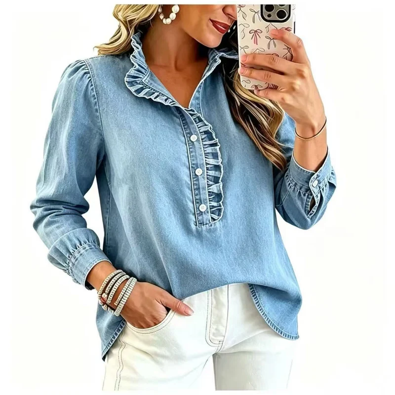 Damen Denim-Bluse mit Rüschenkragen und Puffärmeln Nord Taschen