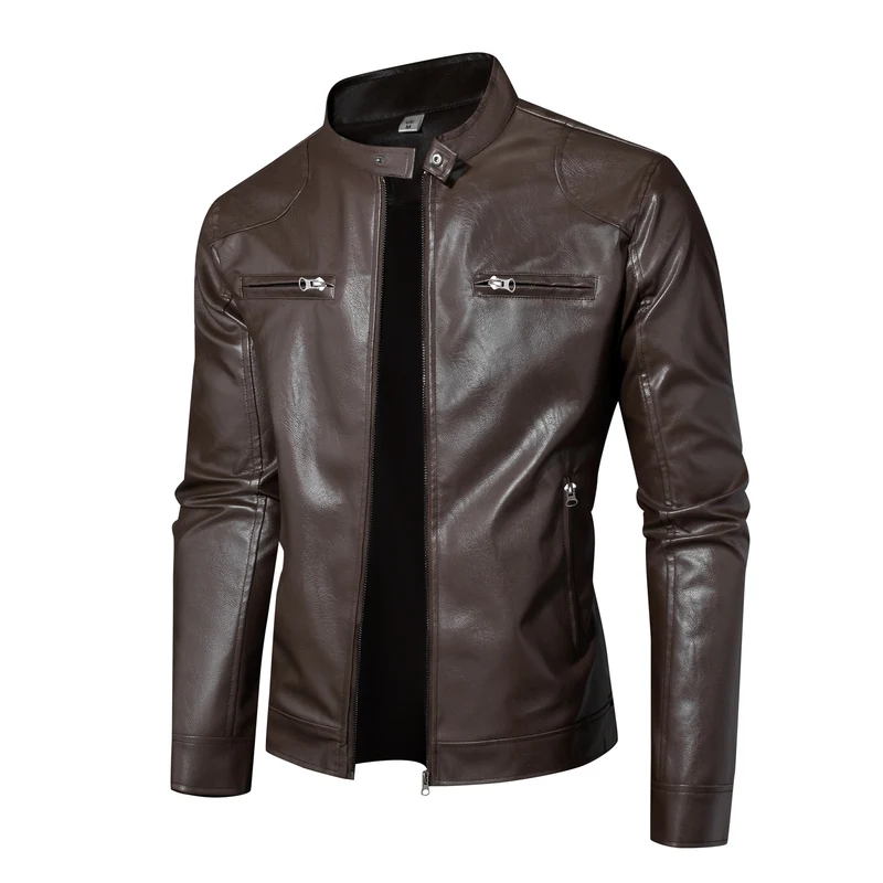 Herren Slim-Fit Lederjacke im Bikerstil mit Stehkragen, Reißverschlusstaschen und weichem Lammnappa Nord Taschen