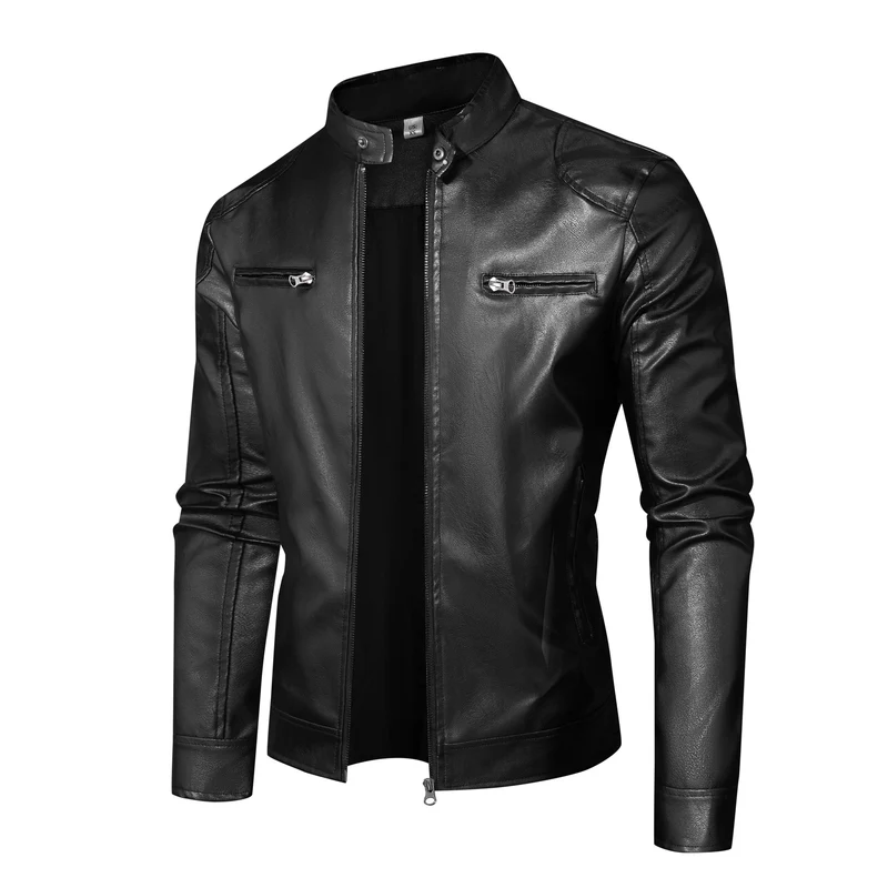Herren Slim-Fit Lederjacke im Bikerstil mit Stehkragen, Reißverschlusstaschen und weichem Lammnappa Nord Taschen
