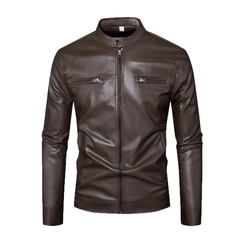 Herren Slim-Fit Lederjacke im Bikerstil mit Stehkragen, Reißverschlusstaschen und weichem Lammnappa Nord Taschen