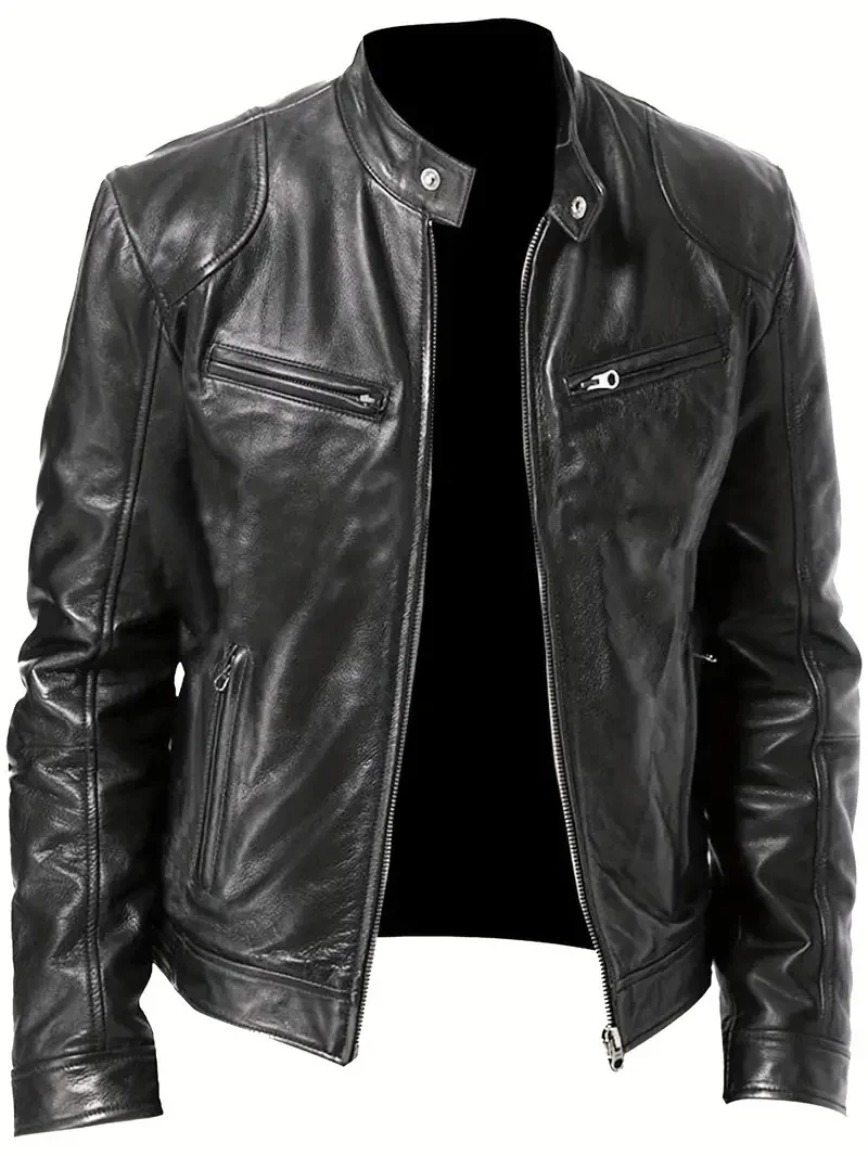 Herren Slim-Fit Lederjacke im Bikerstil mit Stehkragen, Reißverschlusstaschen und weichem Lammnappa Nord Taschen