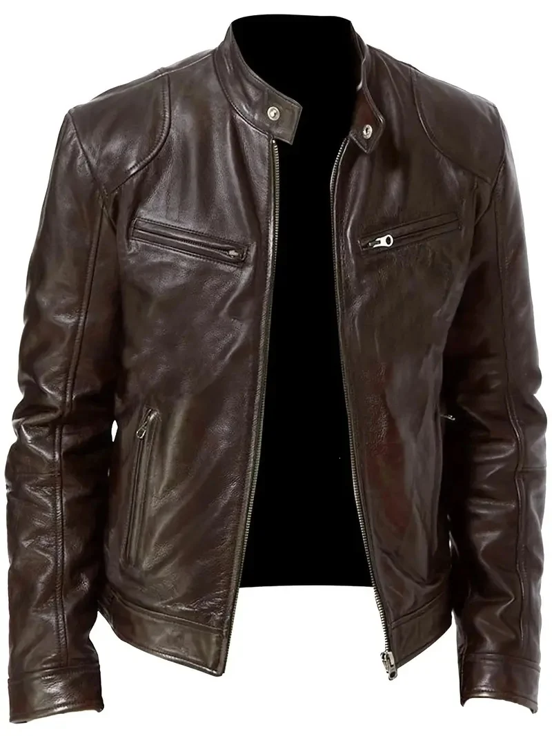 Herren Slim-Fit Lederjacke im Bikerstil mit Stehkragen, Reißverschlusstaschen und weichem Lammnappa Nord Taschen