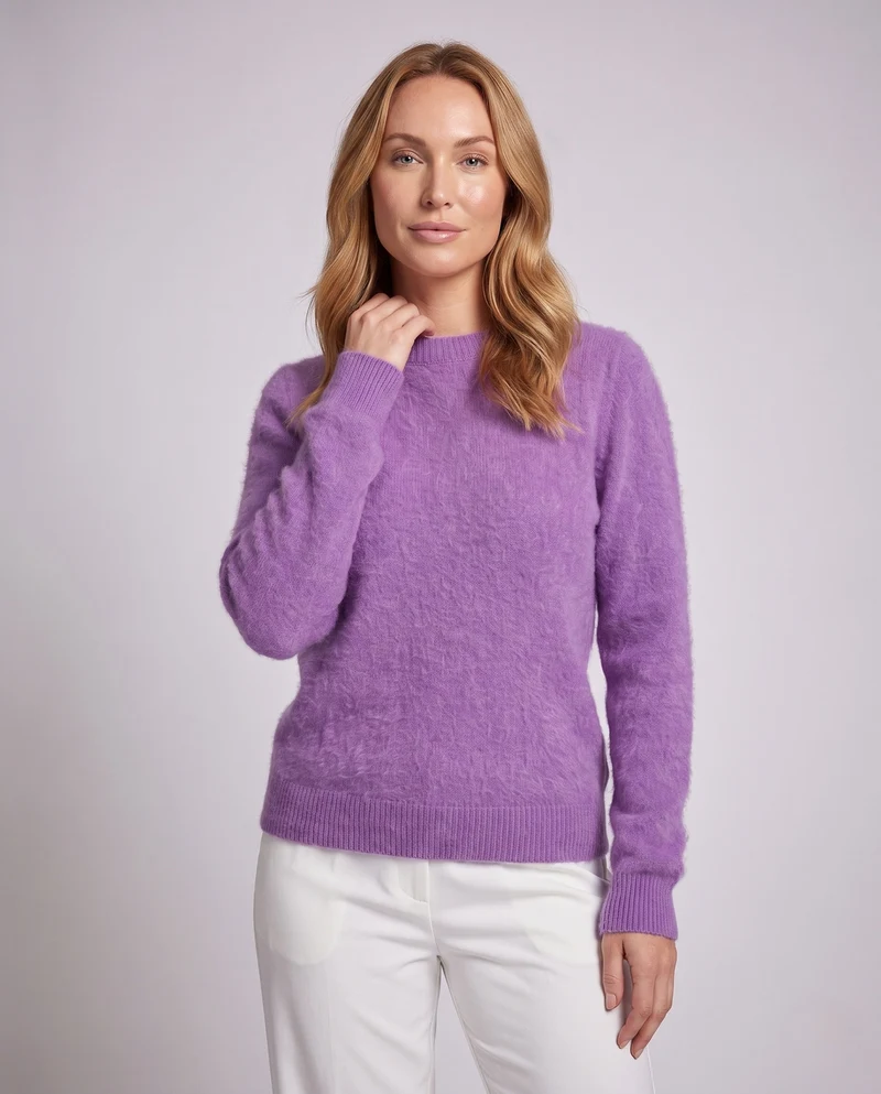 Damen Flauschiger Feinstrickpullover im Angora‑Look mit Rundhals, Oversize‑Silhouette und gerippten Bündchen Nord Taschen