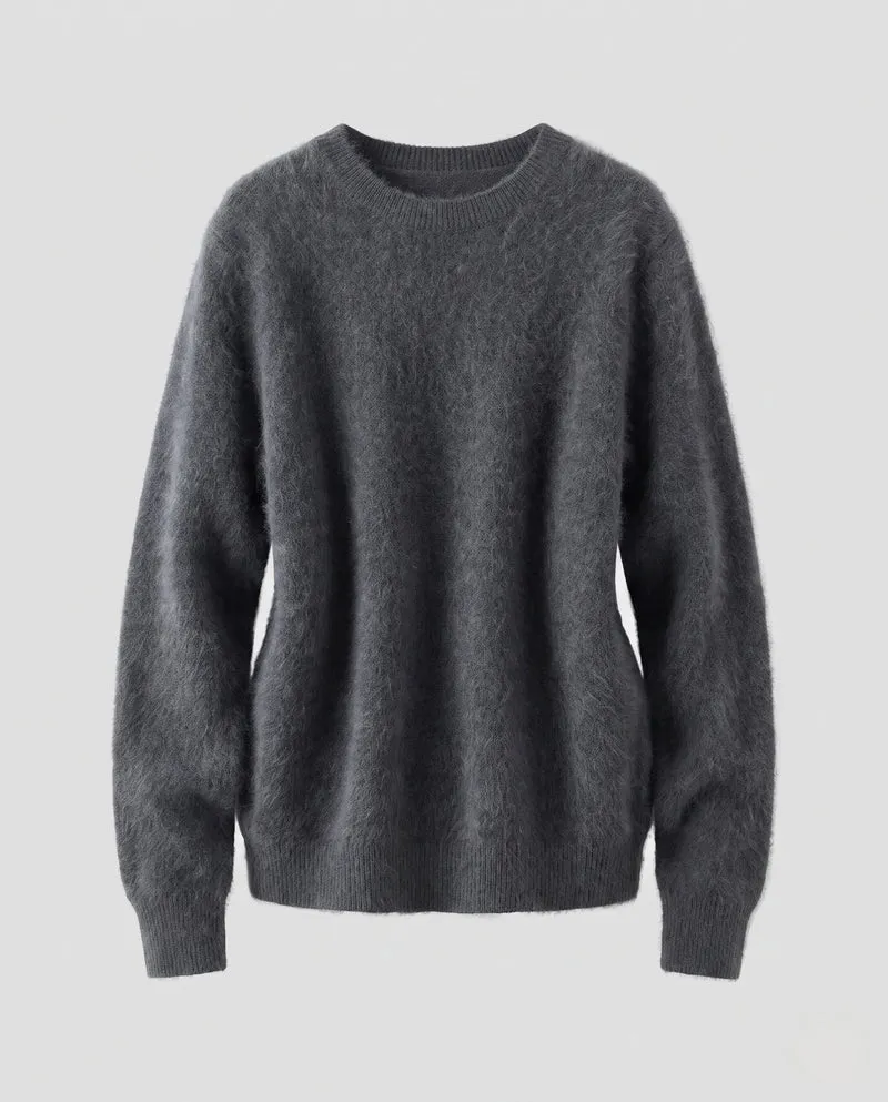 Damen Flauschiger Feinstrickpullover im Angora‑Look mit Rundhals, Oversize‑Silhouette und gerippten Bündchen Nord Taschen