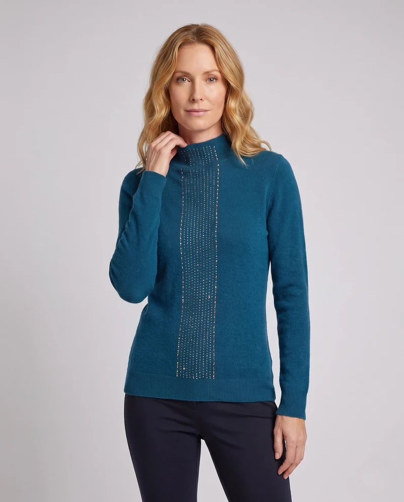 Damen Flauschiger Feinstrick-Pullover mit hohem Kragen und vertikaler Pailletten‑Applikation Nord Taschen