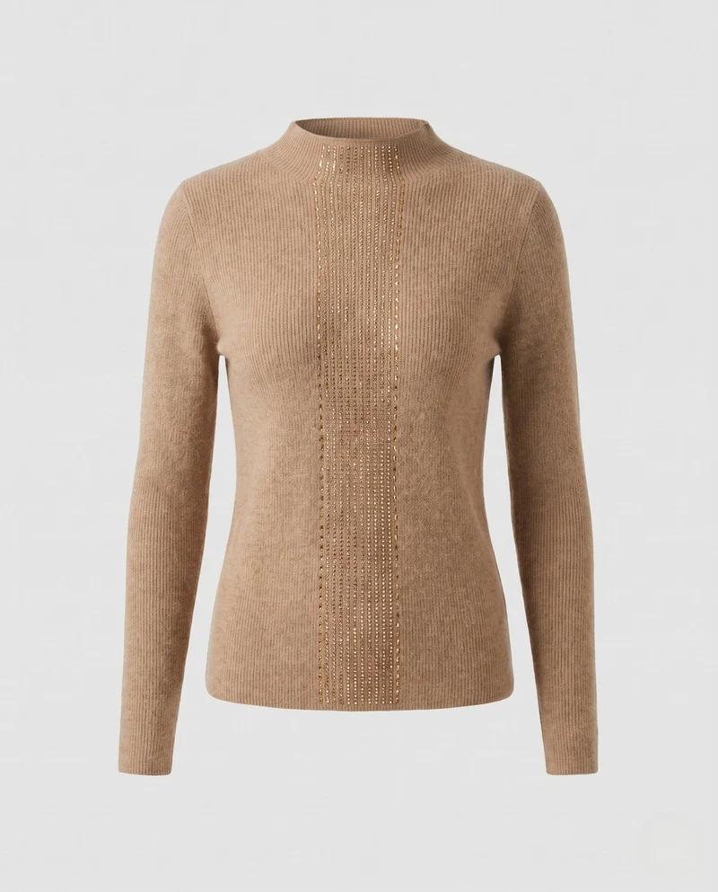 Damen Flauschiger Feinstrick-Pullover mit hohem Kragen und vertikaler Pailletten‑Applikation Nord Taschen