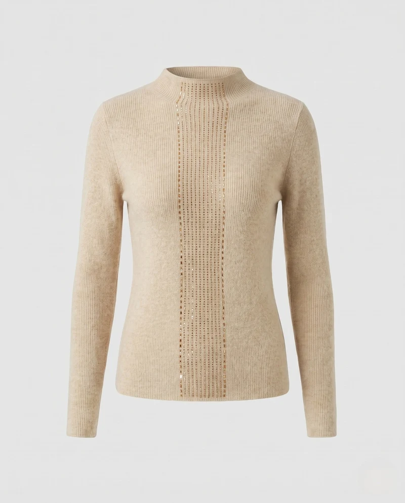Damen Flauschiger Feinstrick-Pullover mit hohem Kragen und vertikaler Pailletten‑Applikation Nord Taschen