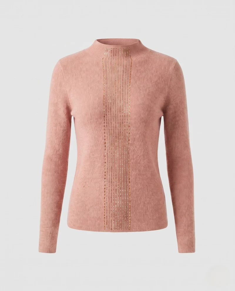 Damen Flauschiger Feinstrick-Pullover mit hohem Kragen und vertikaler Pailletten‑Applikation Nord Taschen