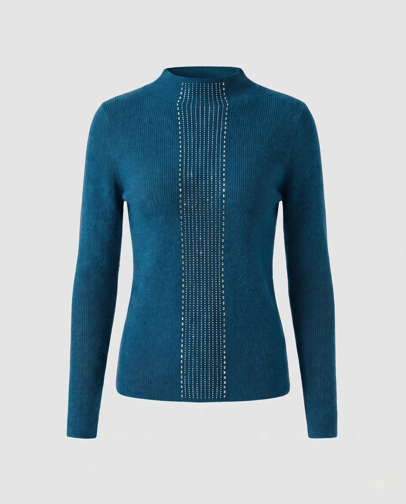 Damen Flauschiger Feinstrick-Pullover mit hohem Kragen und vertikaler Pailletten‑Applikation Nord Taschen