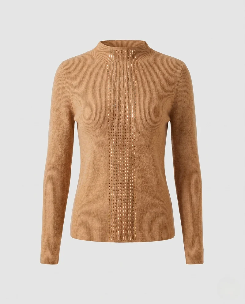 Damen Flauschiger Feinstrick-Pullover mit hohem Kragen und vertikaler Pailletten‑Applikation Nord Taschen