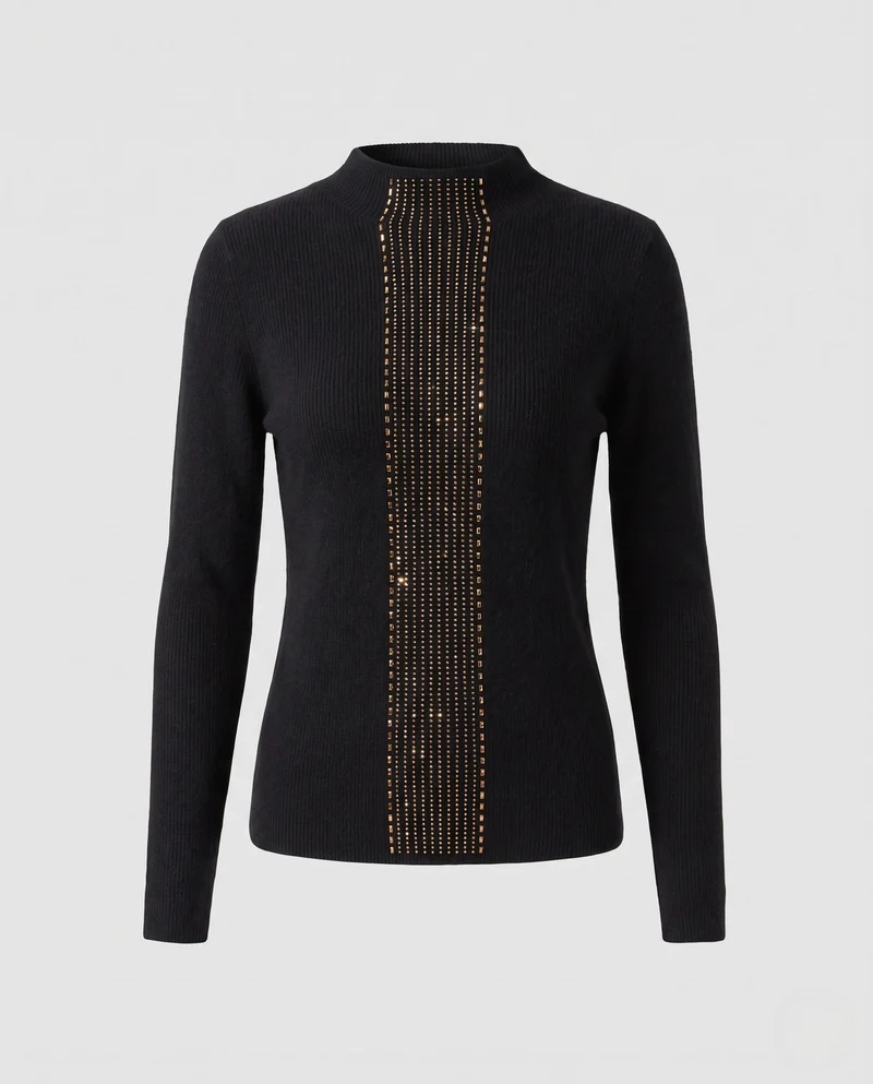 Damen Flauschiger Feinstrick-Pullover mit hohem Kragen und vertikaler Pailletten‑Applikation Nord Taschen
