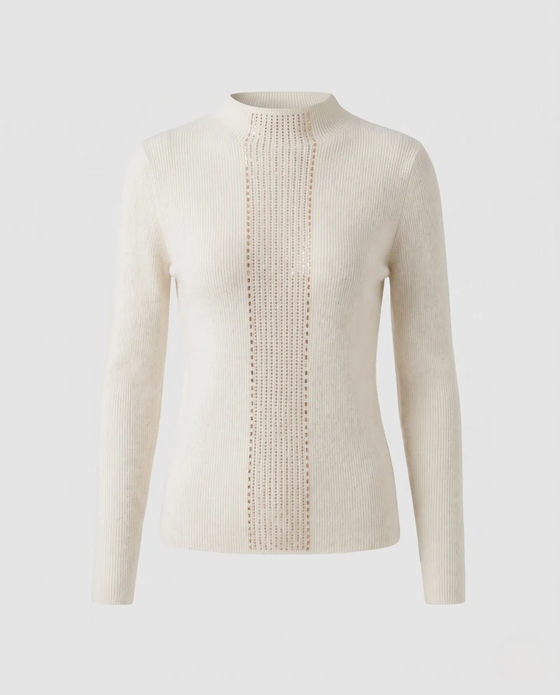 Damen Flauschiger Feinstrick-Pullover mit hohem Kragen und vertikaler Pailletten‑Applikation Nord Taschen