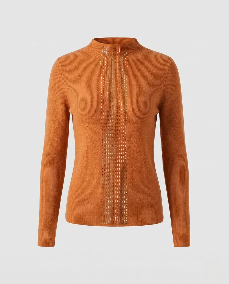 Damen Flauschiger Feinstrick-Pullover mit hohem Kragen und vertikaler Pailletten‑Applikation Nord Taschen