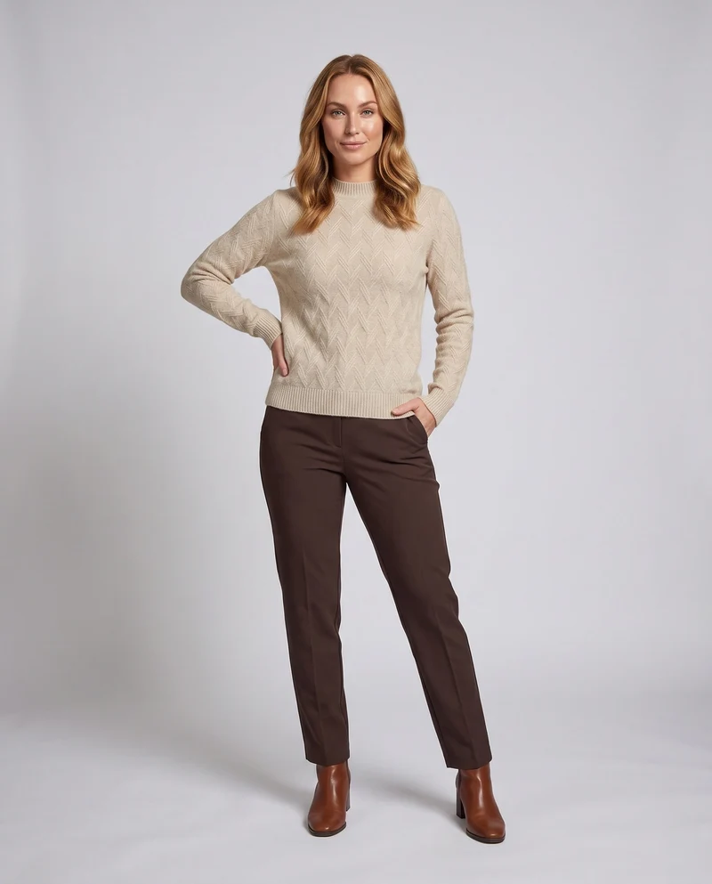 Damen Flauschiger Feinstrickpullover mit kurzem Stehkragen und Chevron‑Zopfmuster Nord Taschen