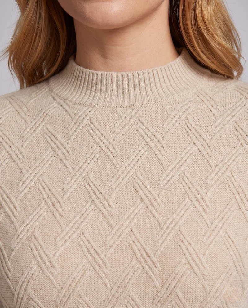 Damen Flauschiger Feinstrickpullover mit kurzem Stehkragen und Chevron‑Zopfmuster Nord Taschen