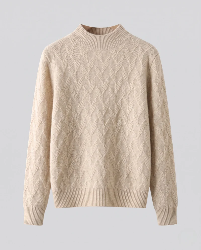 Damen Flauschiger Feinstrickpullover mit kurzem Stehkragen und Chevron‑Zopfmuster Nord Taschen