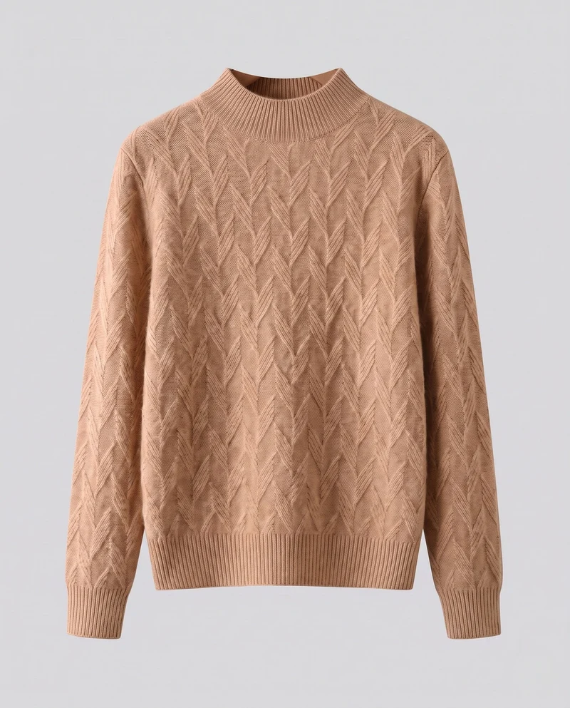 Damen Flauschiger Feinstrickpullover mit kurzem Stehkragen und Chevron‑Zopfmuster Nord Taschen