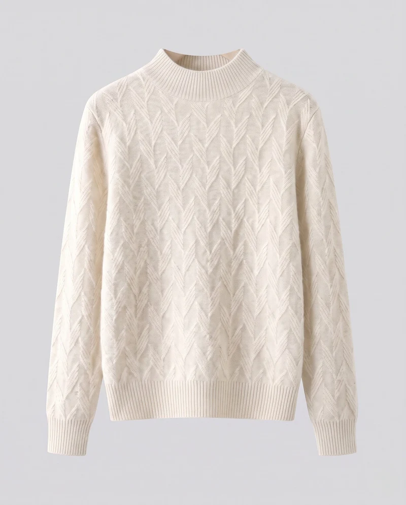 Damen Flauschiger Feinstrickpullover mit kurzem Stehkragen und Chevron‑Zopfmuster Nord Taschen