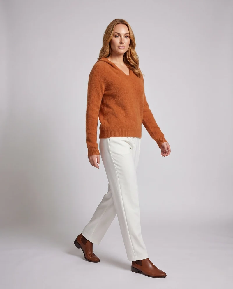 Damen Flauschiger Kapuzenpullover aus Mohair‑Optik mit V‑Ausschnitt und gerippten Bündchen Nord Taschen