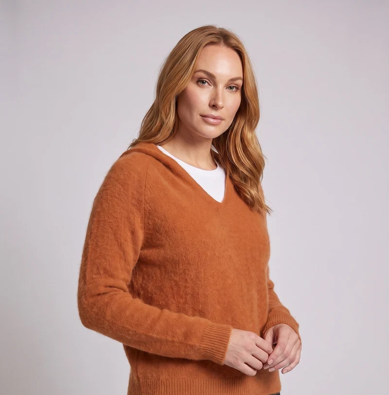 Damen Flauschiger Kapuzenpullover aus Mohair‑Optik mit V‑Ausschnitt und gerippten Bündchen Nord Taschen