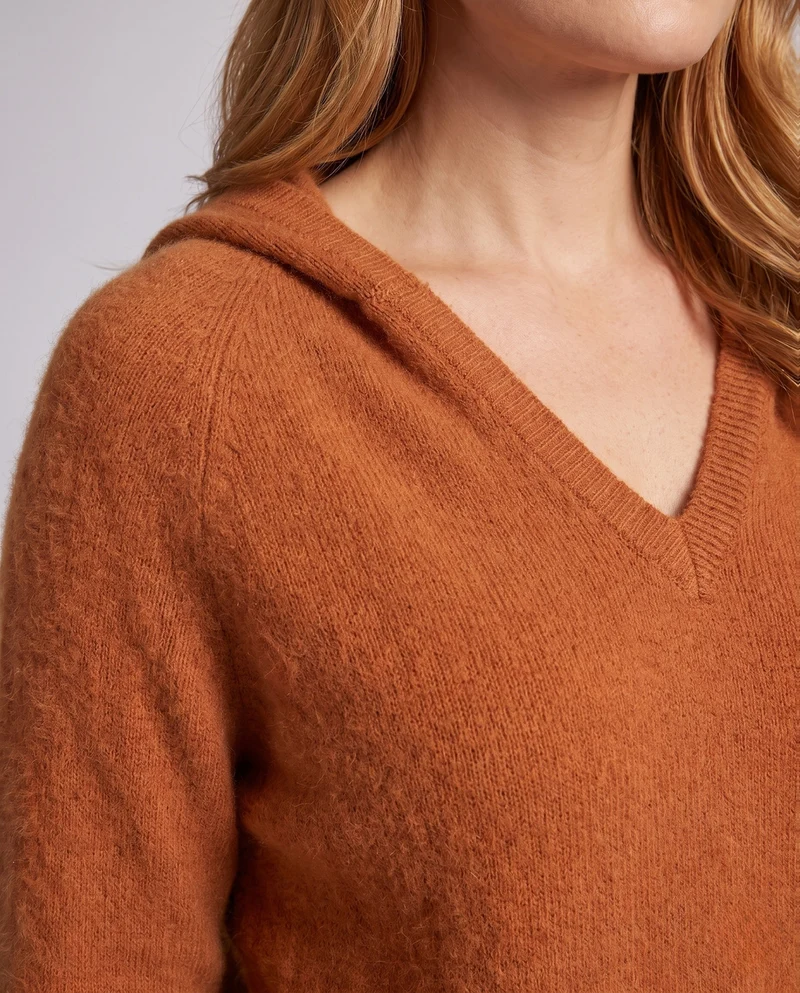 Damen Flauschiger Kapuzenpullover aus Mohair‑Optik mit V‑Ausschnitt und gerippten Bündchen Nord Taschen