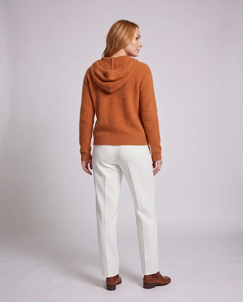 Damen Flauschiger Kapuzenpullover aus Mohair‑Optik mit V‑Ausschnitt und gerippten Bündchen Nord Taschen