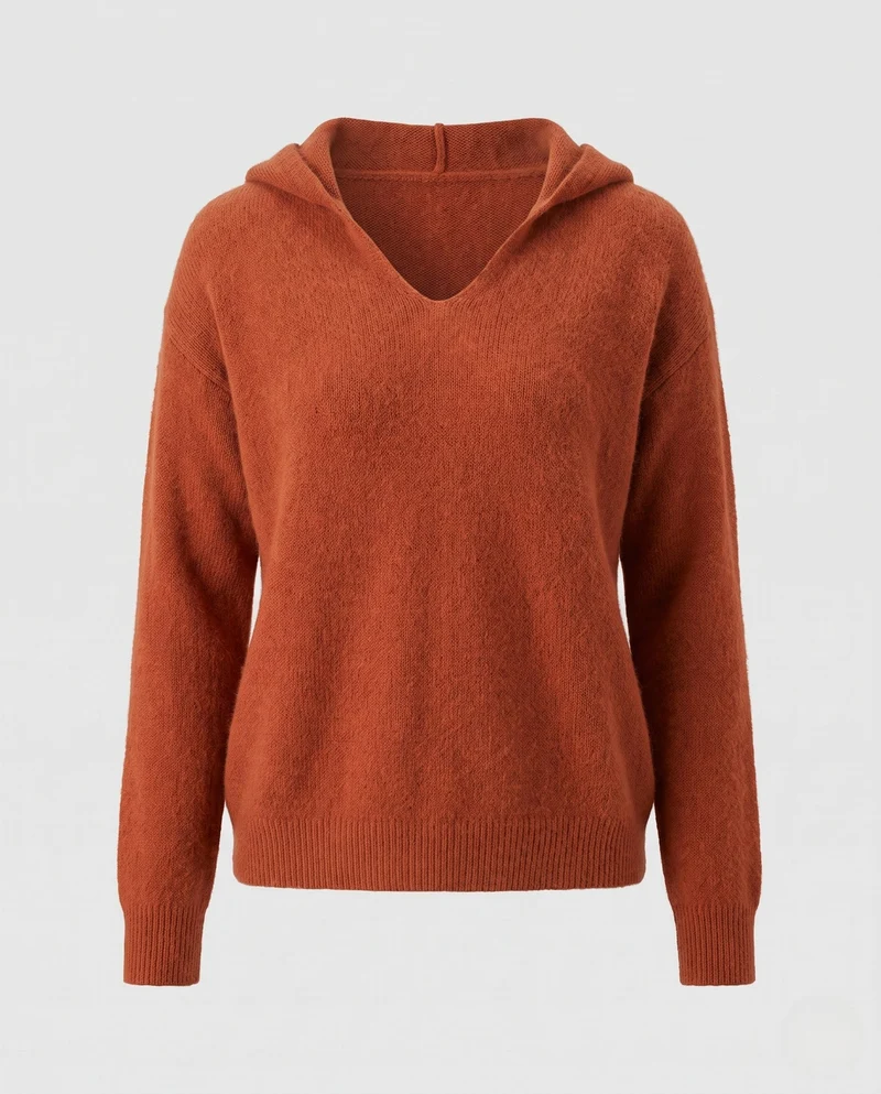 Damen Flauschiger Kapuzenpullover aus Mohair‑Optik mit V‑Ausschnitt und gerippten Bündchen Nord Taschen