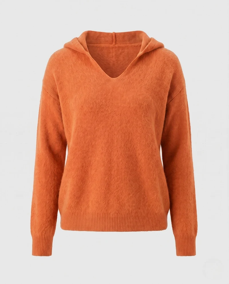 Damen Flauschiger Kapuzenpullover aus Mohair‑Optik mit V‑Ausschnitt und gerippten Bündchen Nord Taschen