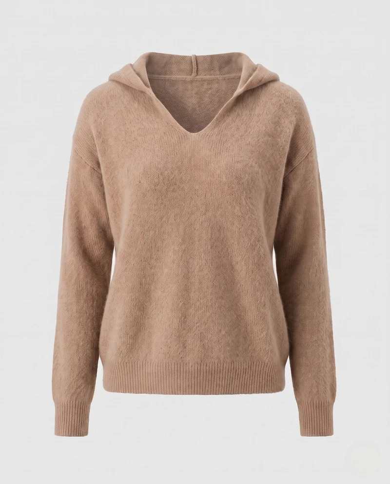 Damen Flauschiger Kapuzenpullover aus Mohair‑Optik mit V‑Ausschnitt und gerippten Bündchen Nord Taschen
