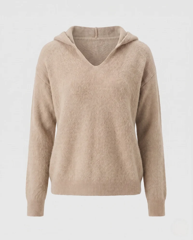 Damen Flauschiger Kapuzenpullover aus Mohair‑Optik mit V‑Ausschnitt und gerippten Bündchen Nord Taschen