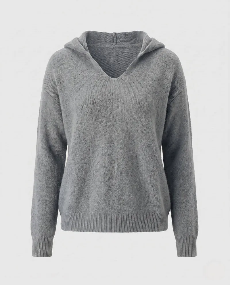 Damen Flauschiger Kapuzenpullover aus Mohair‑Optik mit V‑Ausschnitt und gerippten Bündchen Nord Taschen