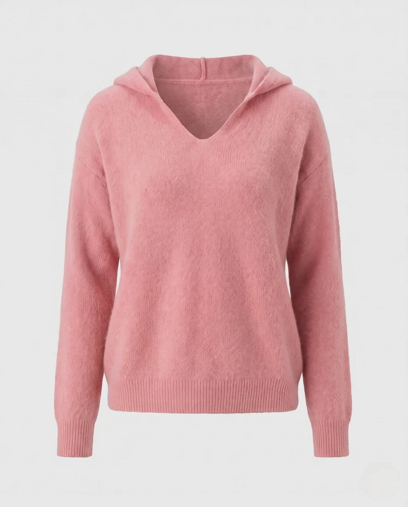 Damen Flauschiger Kapuzenpullover aus Mohair‑Optik mit V‑Ausschnitt und gerippten Bündchen Nord Taschen