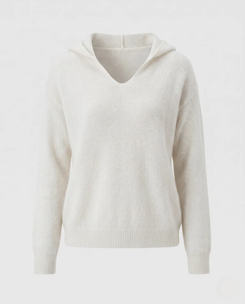 Damen Flauschiger Kapuzenpullover aus Mohair‑Optik mit V‑Ausschnitt und gerippten Bündchen Nord Taschen