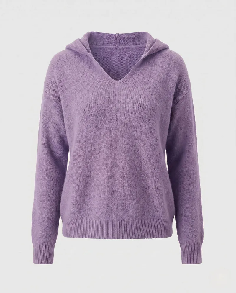 Damen Flauschiger Kapuzenpullover aus Mohair‑Optik mit V‑Ausschnitt und gerippten Bündchen Nord Taschen