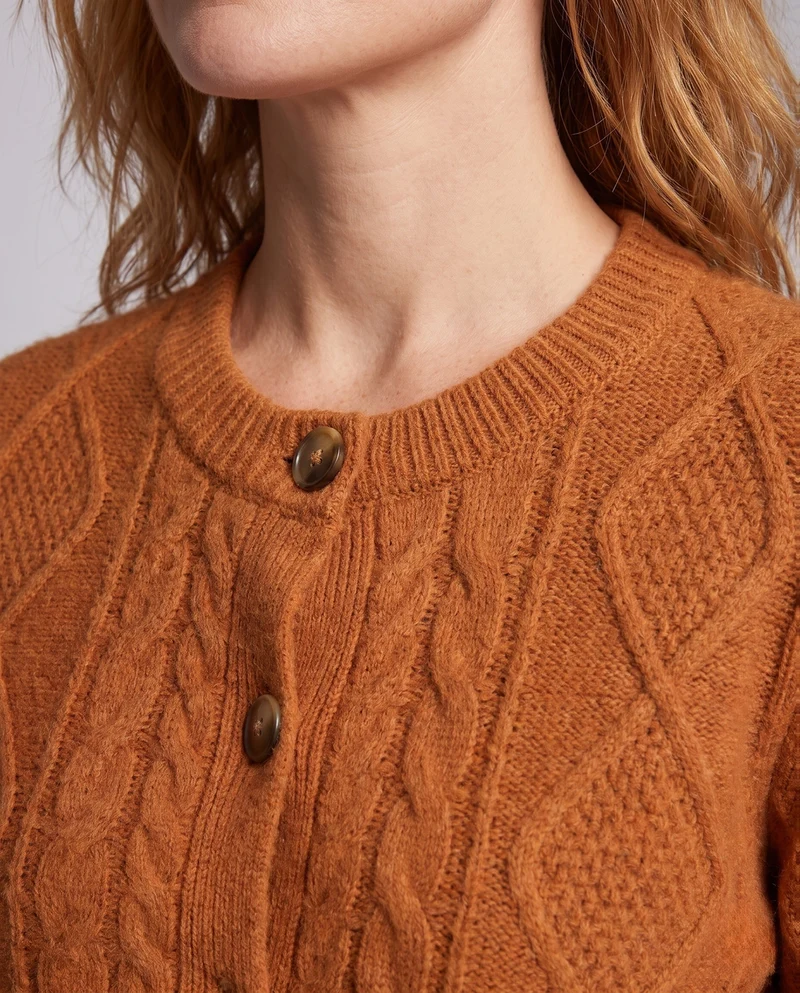 Damen Flauschiger Kurzcardigan mit Zopfstruktur, Rundhals und dekorativen Knöpfen Nord Taschen