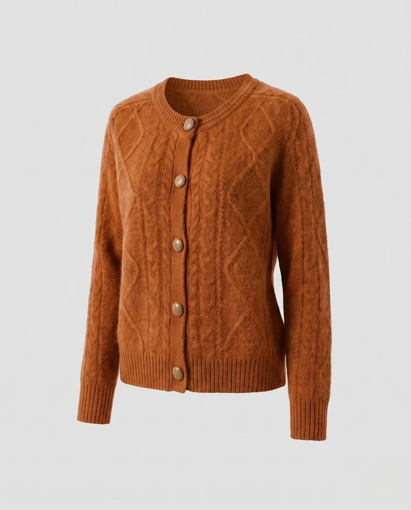 Damen Flauschiger Kurzcardigan mit Zopfstruktur, Rundhals und dekorativen Knöpfen Nord Taschen