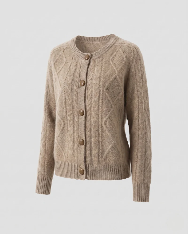 Damen Flauschiger Kurzcardigan mit Zopfstruktur, Rundhals und dekorativen Knöpfen Nord Taschen