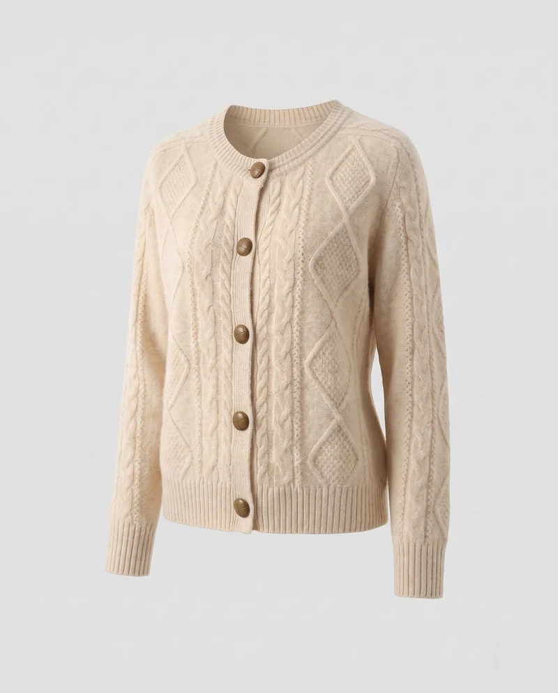Damen Flauschiger Kurzcardigan mit Zopfstruktur, Rundhals und dekorativen Knöpfen Nord Taschen