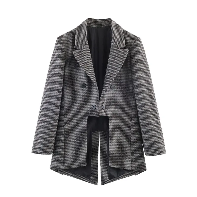 Damen Zweireihiger Hahnentritt-Longblazer mit Schwalbenschwanz-Saum Nord Taschen