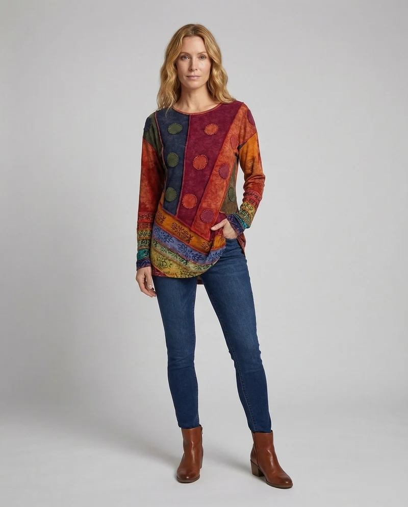 Damen Boho-Longshirt Patchwork Ziernähte