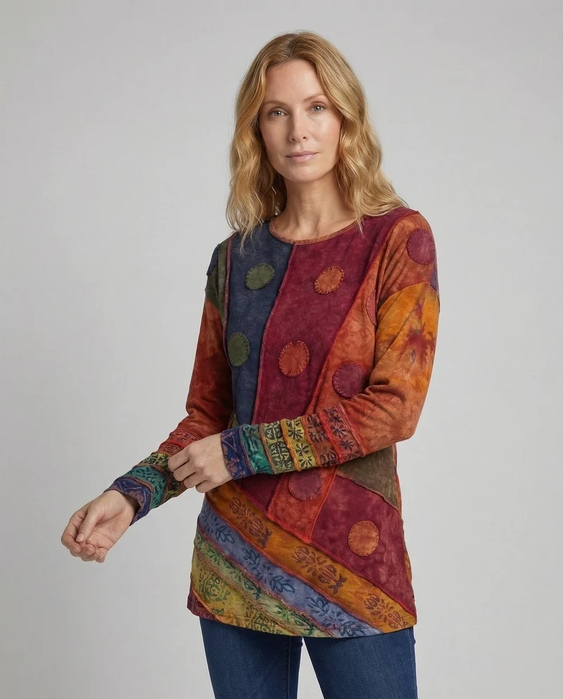 Damen Boho-Longshirt Patchwork Ziernähte