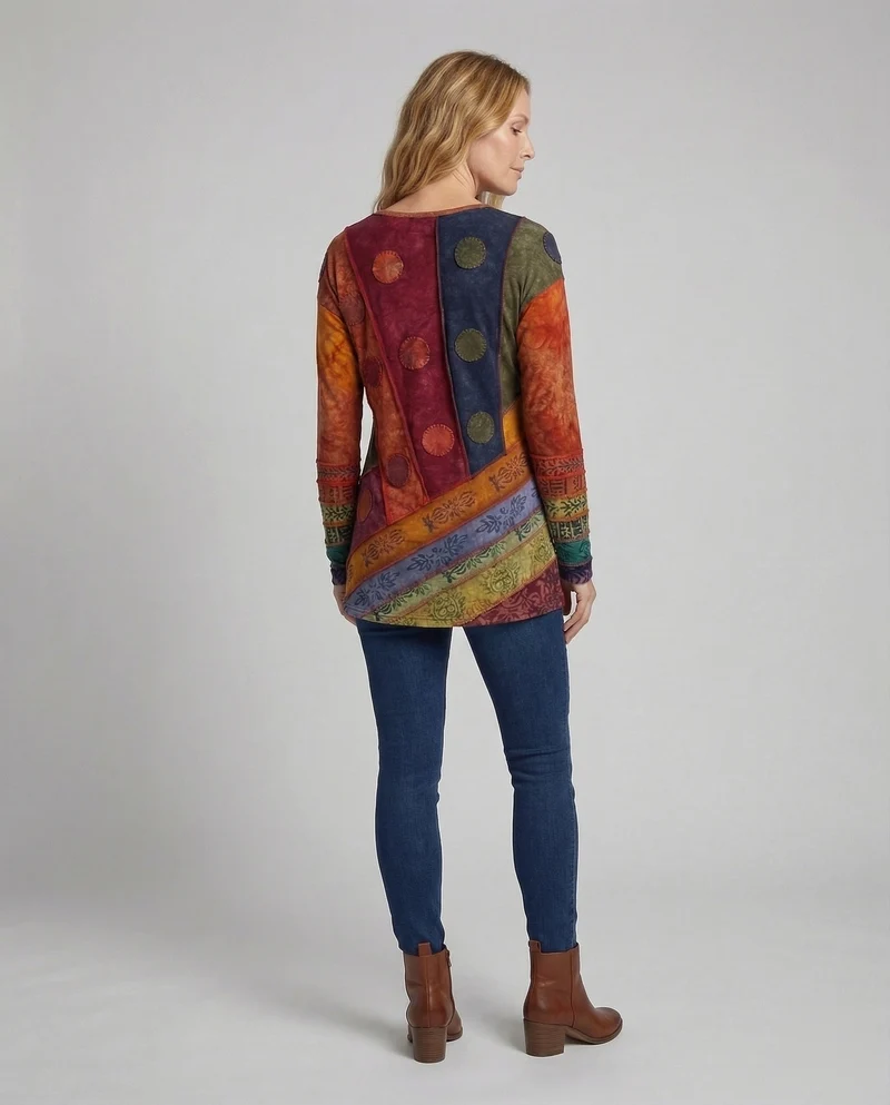 Damen Boho-Longshirt Patchwork Ziernähte